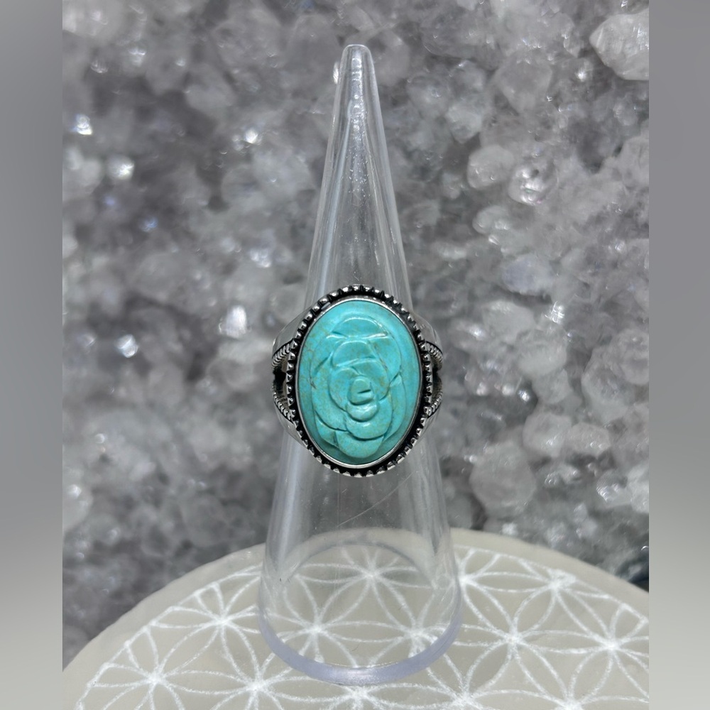 Vintage Carolyn Pollack Relios Turquoise Carved Flower Ring